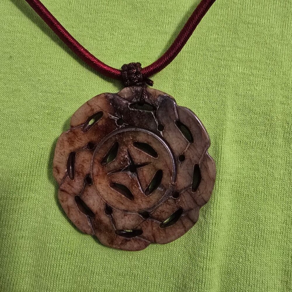 Hand-Carved Floral Jadeite Pendant Necklace With Adjustable Burgundy Cord - Picture 2 of 10